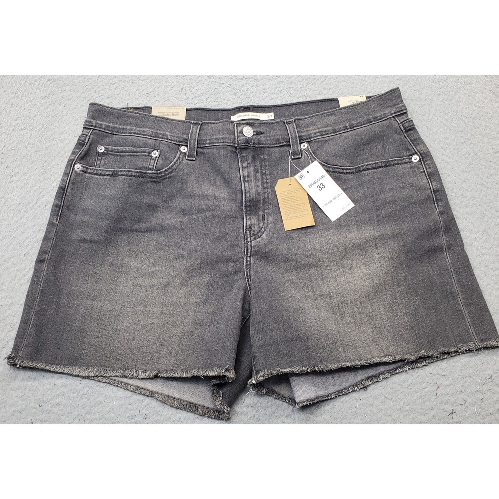 Levi's Mid-Length Jean Shorts Womens 33 Black Denim Mid Rise Red Tab Frayed Hem